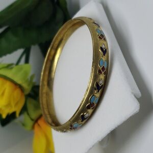 Gold Color Bangle Painted Floral Design Blue RustBrown White Vintage